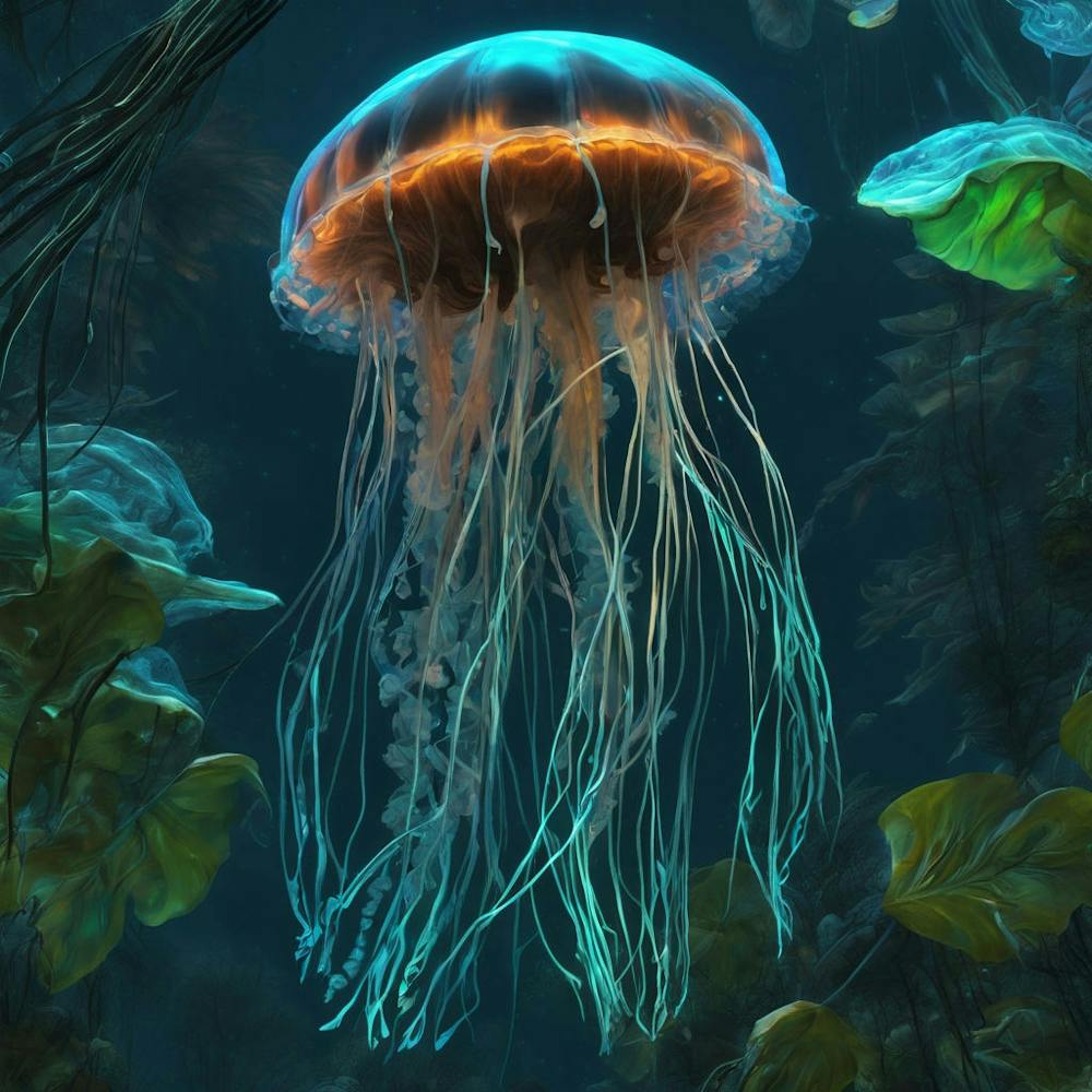 Bioluminescent Jellyfish Fish In A Jungle Fractal Pattern Vibrant By Jacob Lawrence And Francis 992543567 (3)