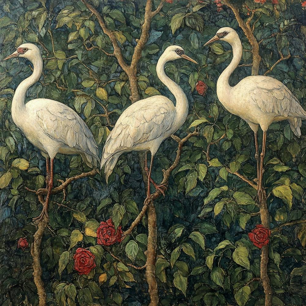Three Cranes In A Rose Garden Art