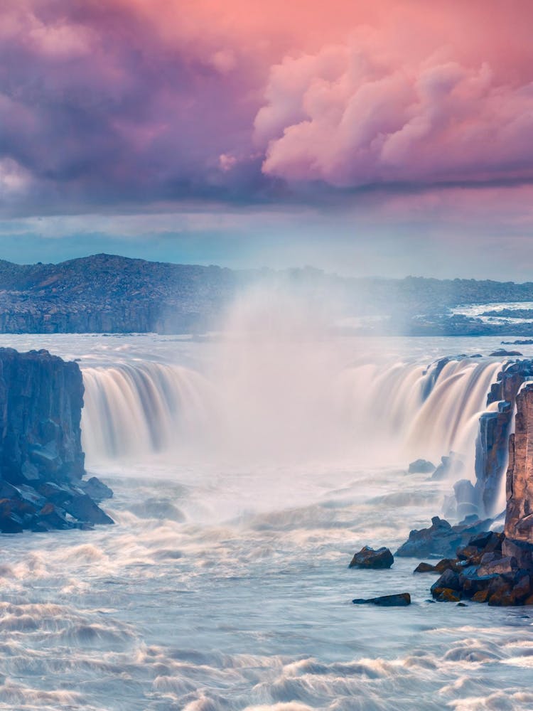 Iceland Waterfalls At Sunset