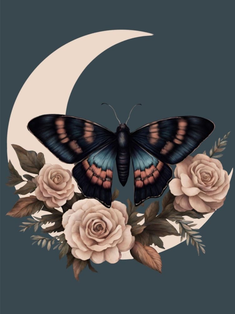 Butterfly And Roses on a Crescent Moon