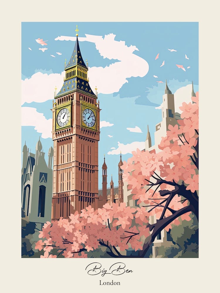 Big Ben, London   Cute Botanical Illustration Travel 11 Poster