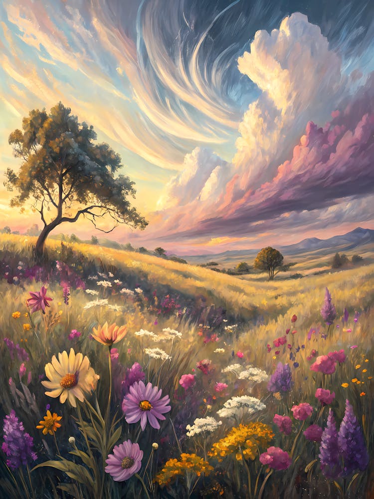 Vibrant Sunset Meadow oil Painting Colorful Wildflowers and Serene Landscape Art