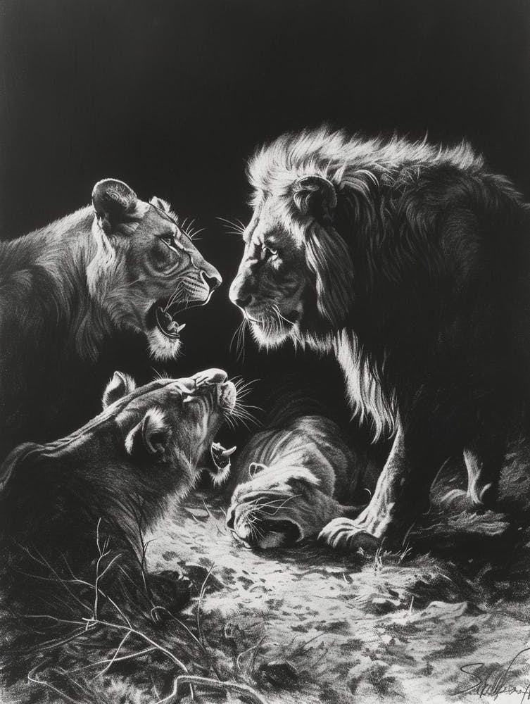 Dessin au Fusain de Lion d'Afrique Interaction avec d'autres Animaux Sauvages 3