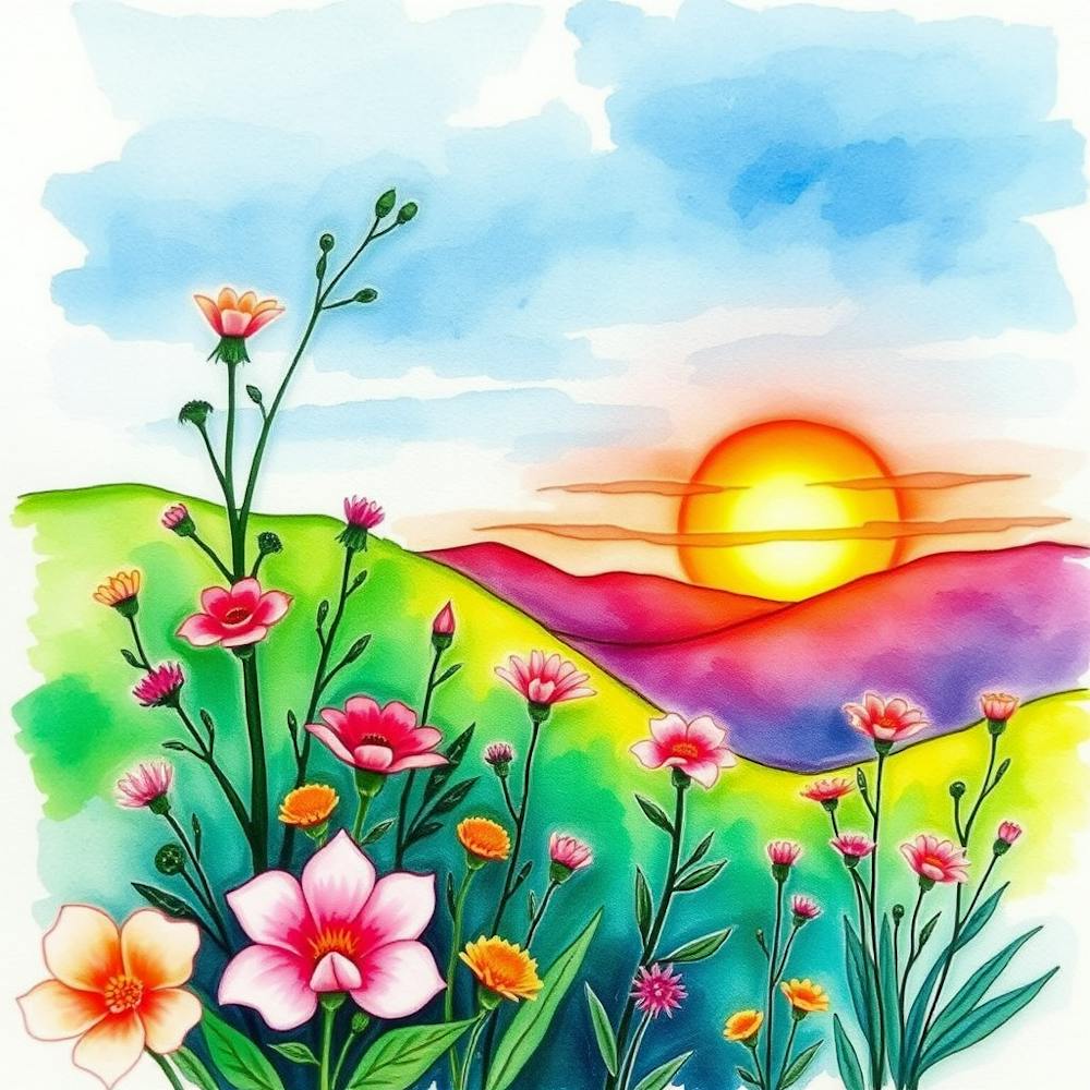 Watercolor Landscape With Flowers