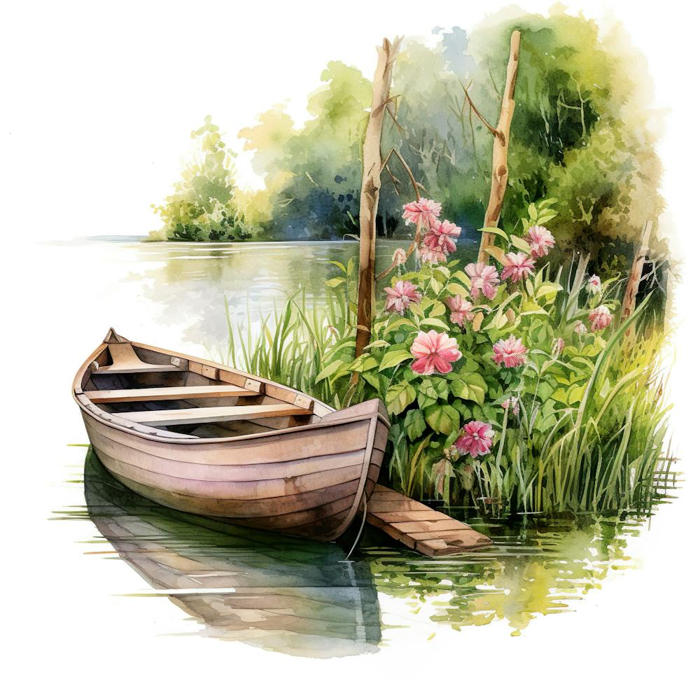 Watercolor Boat On The Lake