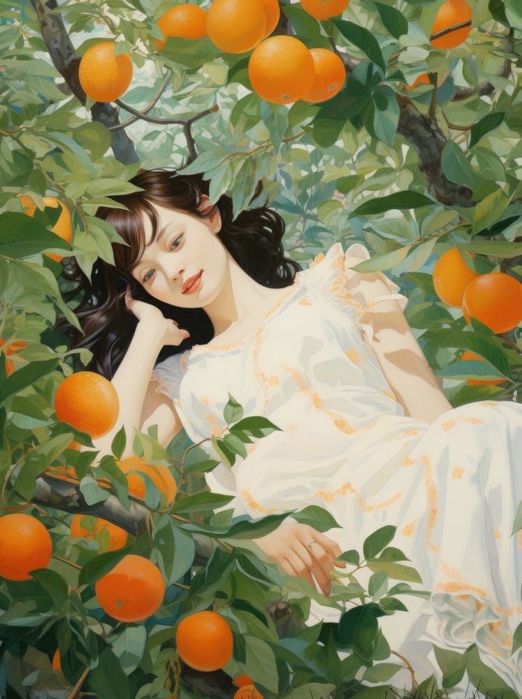 Frau in einem Orangenbaum