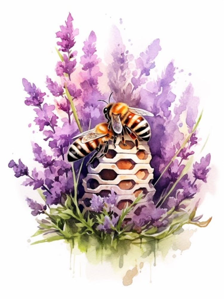 Beehive With Heather Flower Watercolour Illustration 4