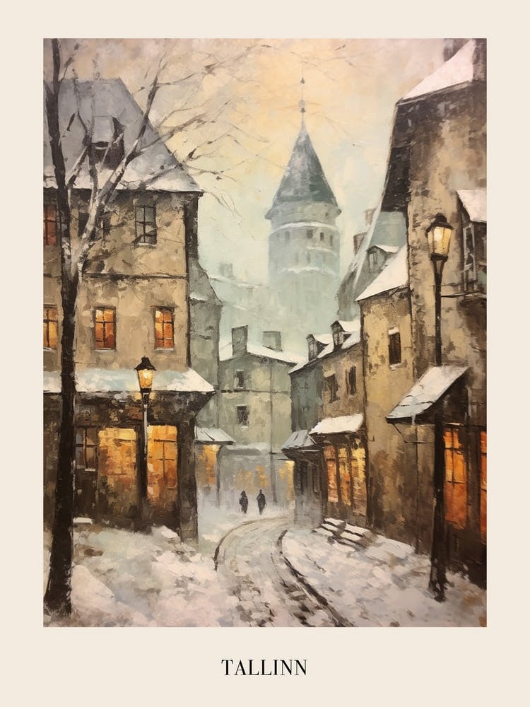 Vintage Winter Painting Poster Tallinn Estonia 1