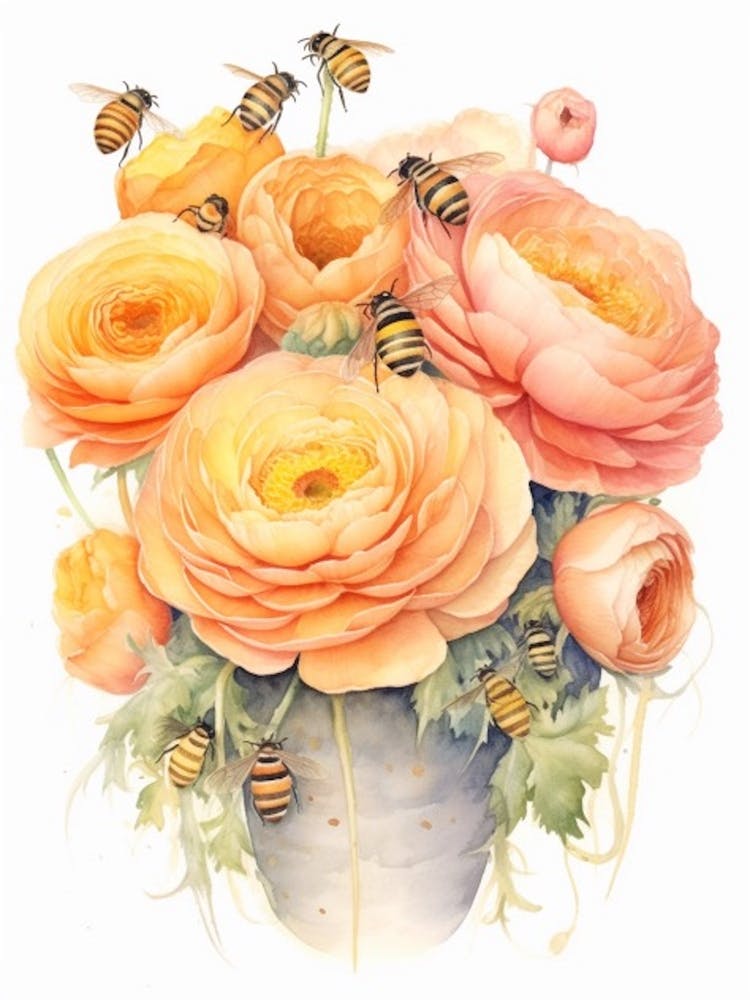Beehive With Ranunculus Watercolour Illustration 1