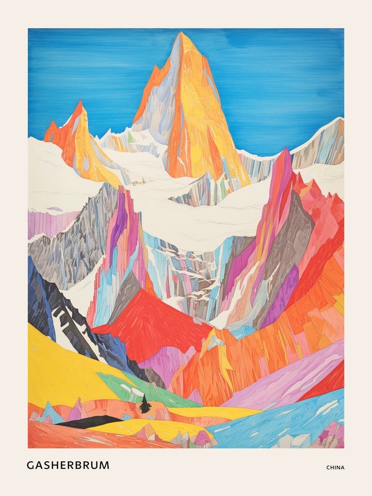Gasherbrum China 3 Colourful Mountain Illustration Poster