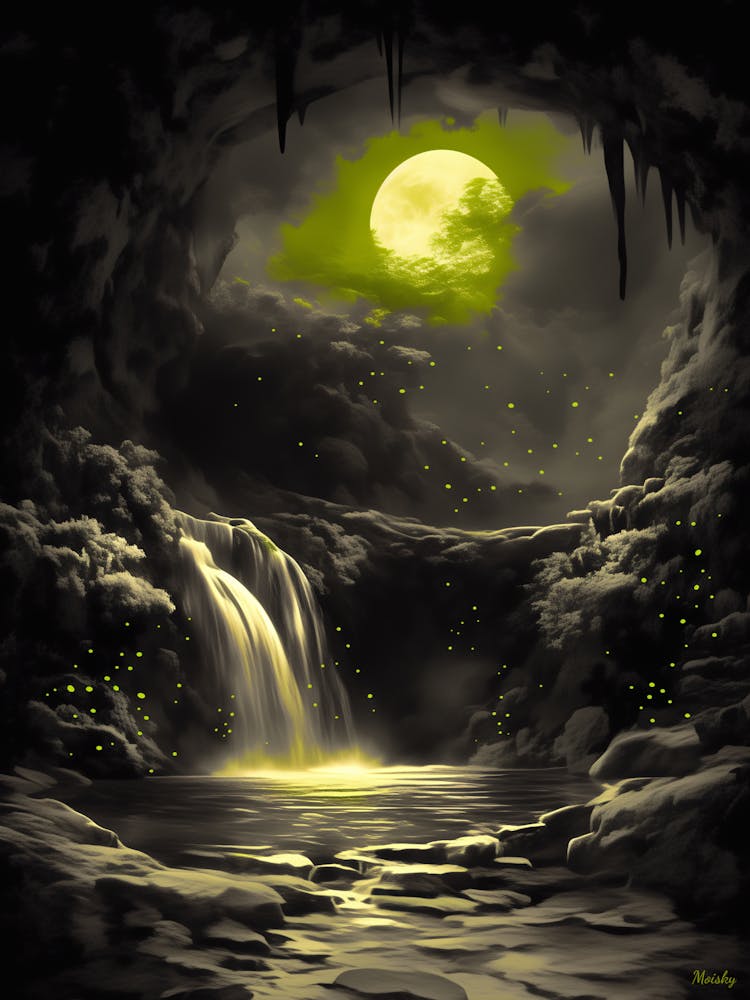 Mystic Moonlit Cave – Monochrome Glow Poster