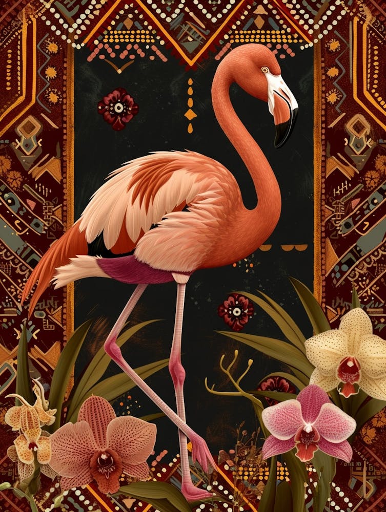 Greater Flamingo And Orchids Boho Print 2