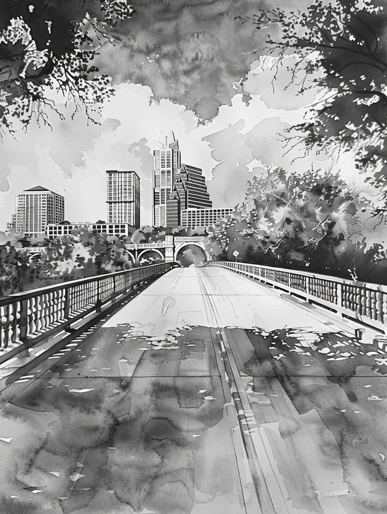 Congress Avenue Bridge Austin Texas Black And White Watercolour 1