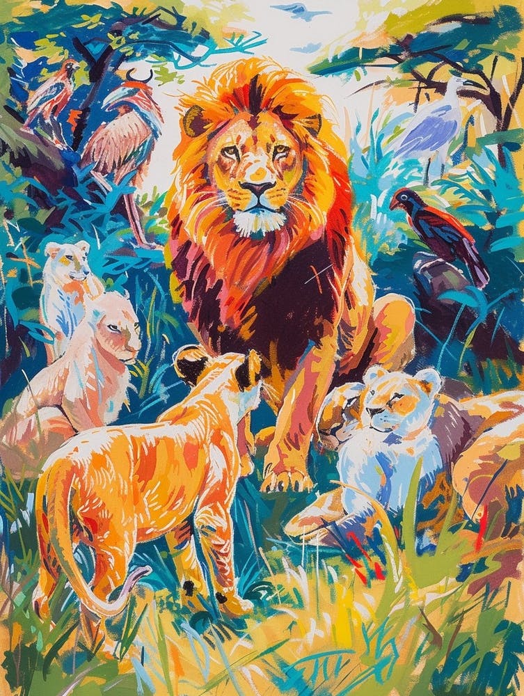 Masai Lion Interaction With Other Wildlife Fauvist Painting 3