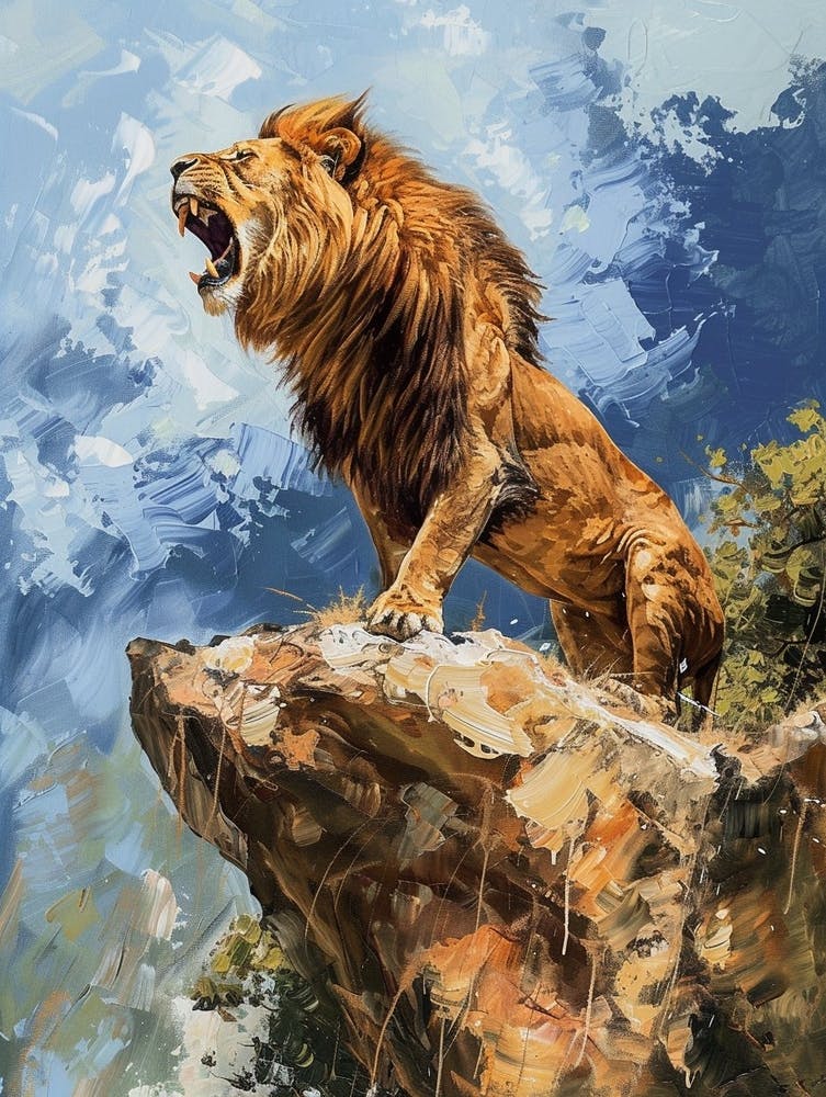 Barbary Lion Roaring On A Cliff Acrylic Painting 1
