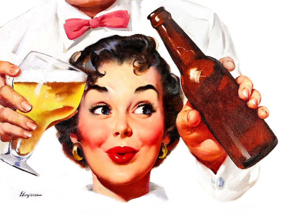Happy Woman With Beer Bottle, Funny Advertising Poster