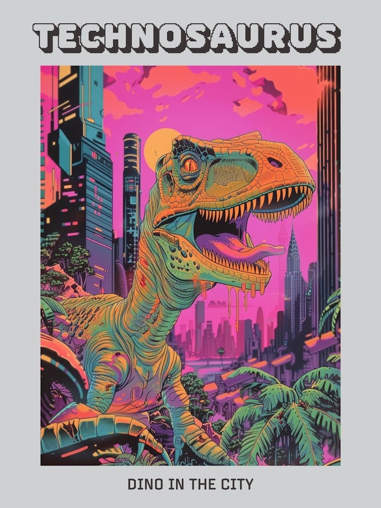 Neon Dinosaur Cityscape Portrait Poster