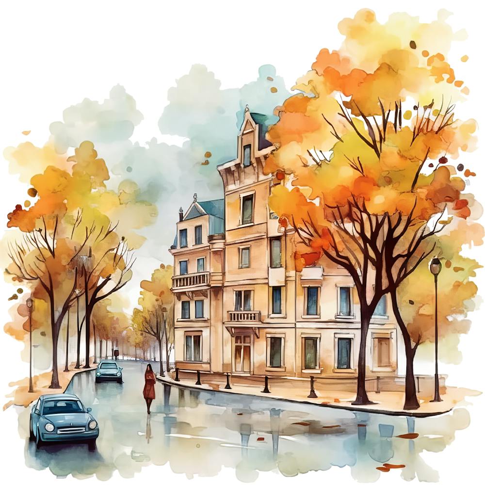 Autumn Street Watercolor Painting