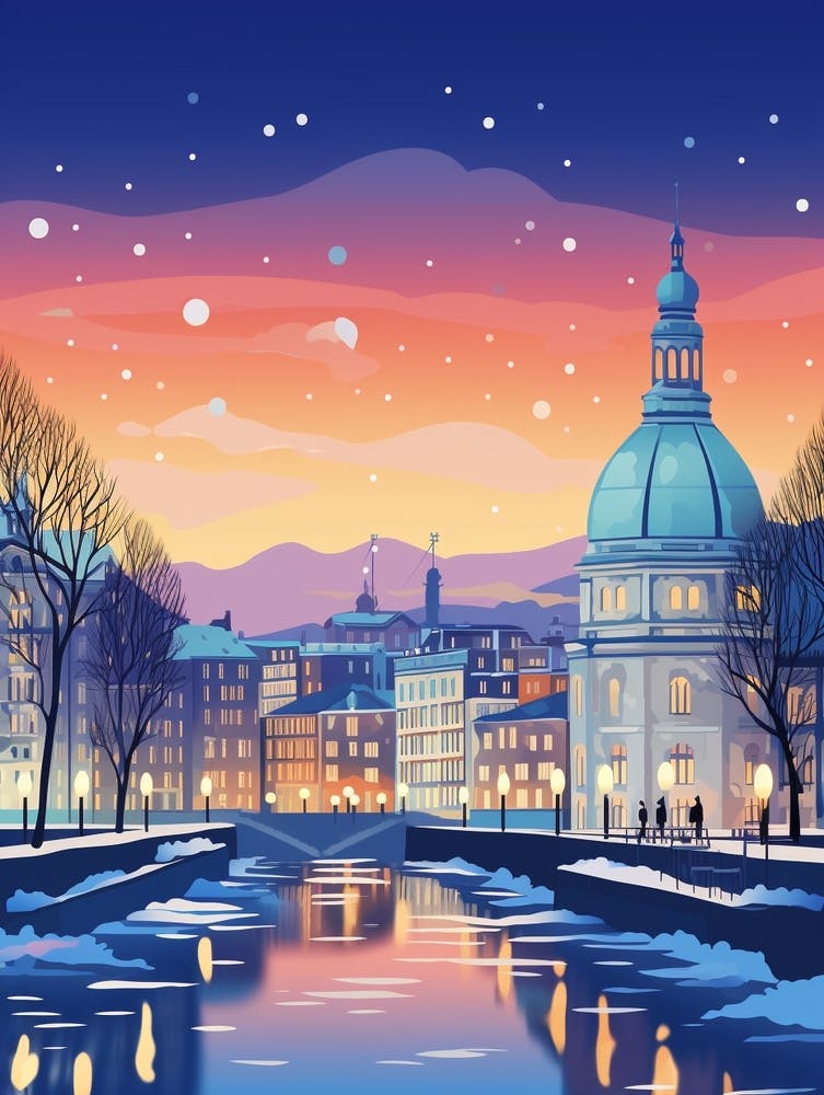 Winter Travel Night Illustration Geneva Switzerland 3