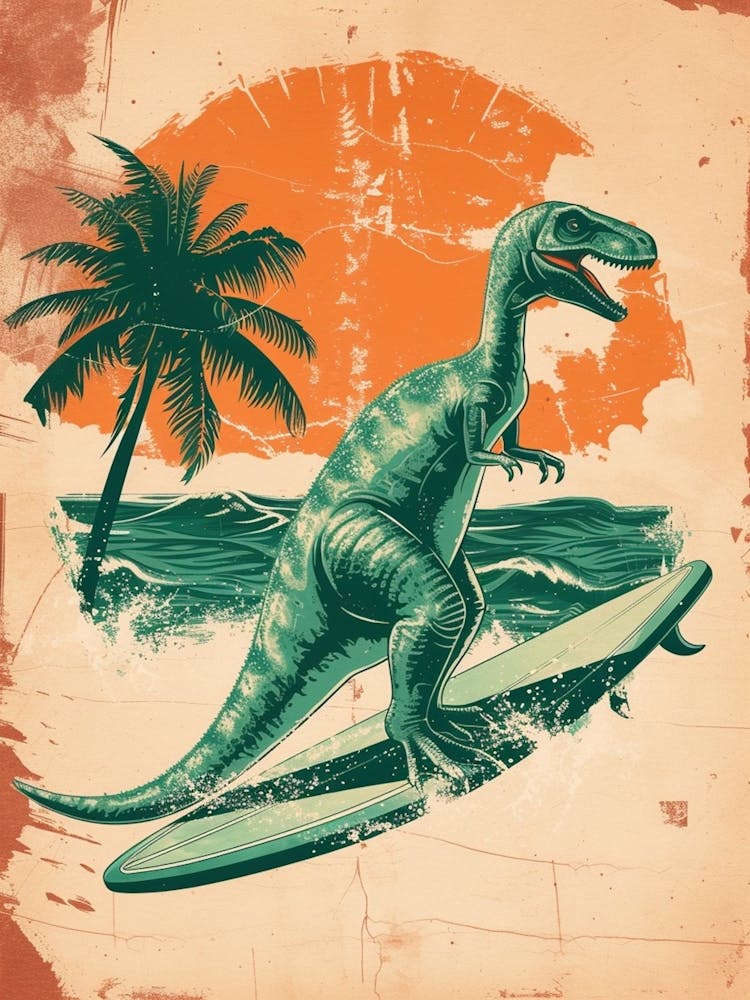 Vintage Plateosaurus Dinosaur On A Surf Board  2