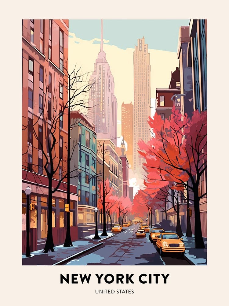 Vintage Winter Travel Poster New York City Usa 2