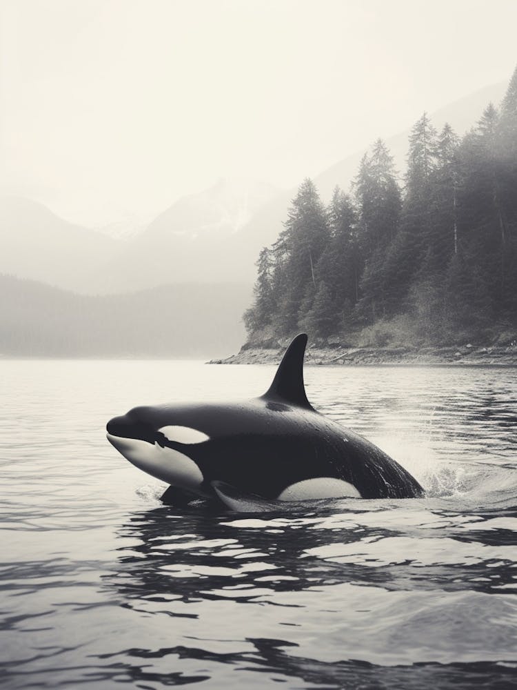Misty Black & White Orca Whale Forest And Ocean Photography Style 2