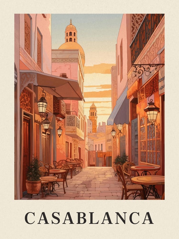 Casablanca Morocco 3 Vintage Pink Travel Illustration Poster