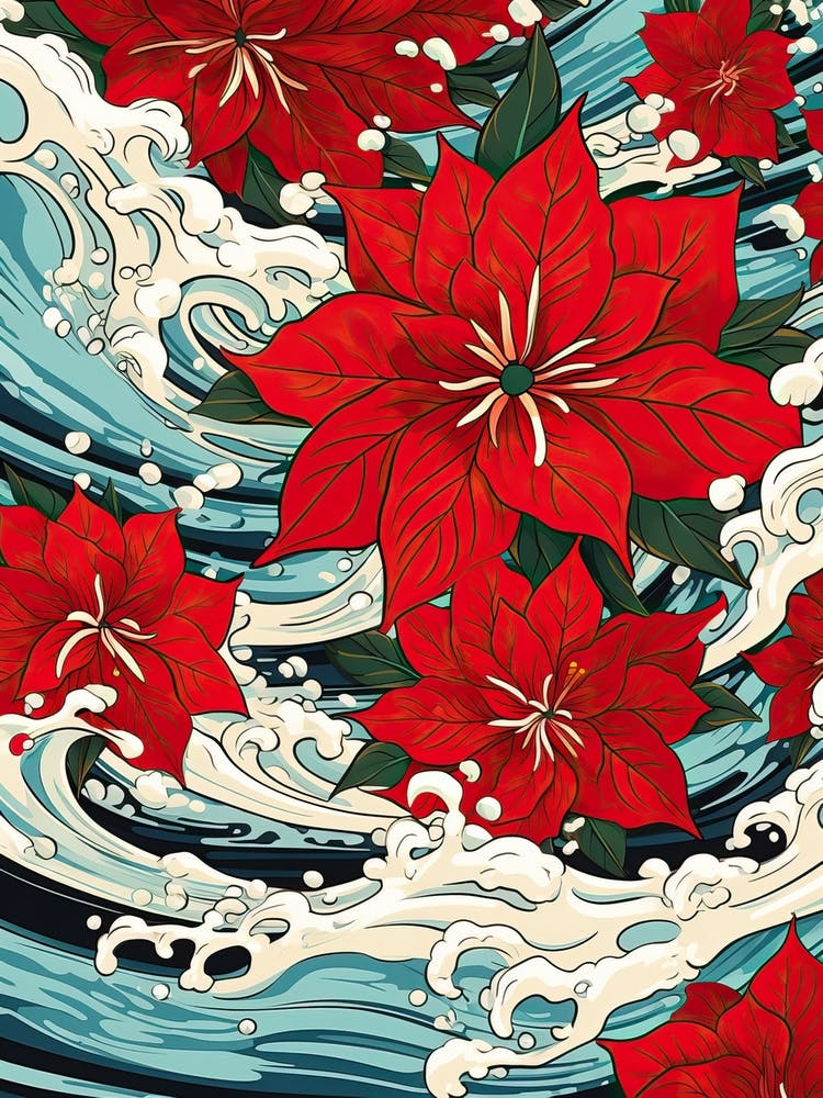 Great Wave With Poinsettia Flower Drawing In The Style Of Ukiyo E 1
