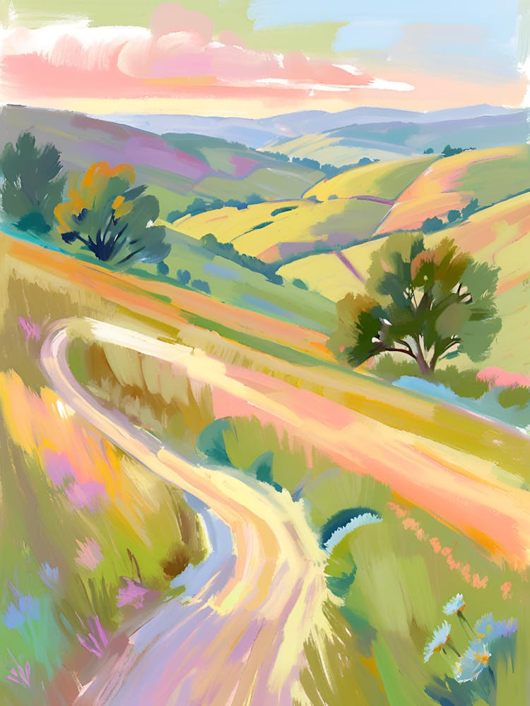 Gentle Rolling Hills At Golden Hour, A Patchwork Of Soft Green And Tawny Grasses Glowing Under The Low Sun