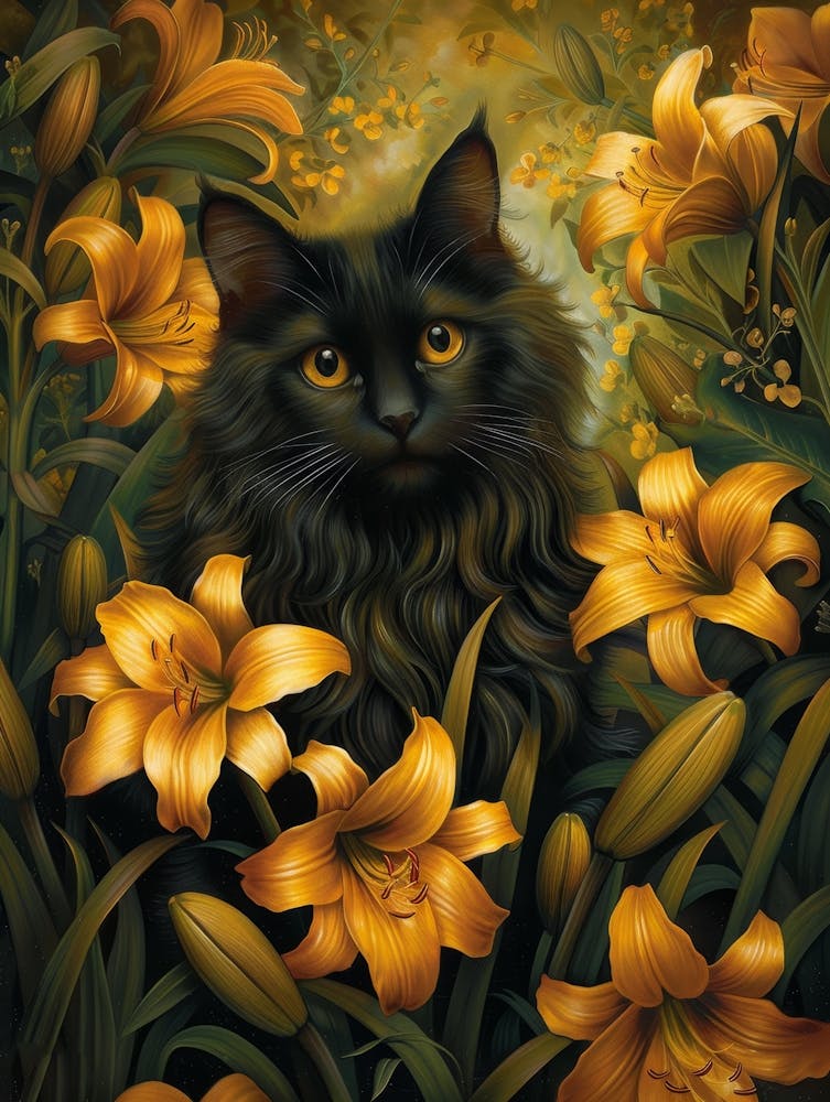 Black Cat With Yellow Lilies