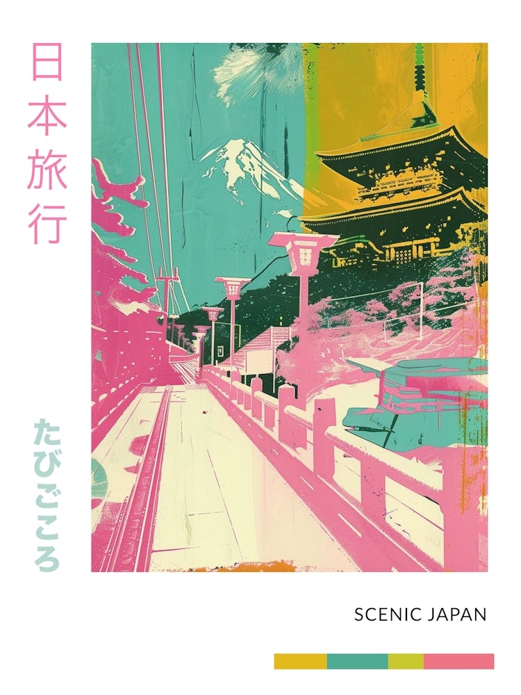 Japanese Mountain Scene Silkscreen Duotone Poster