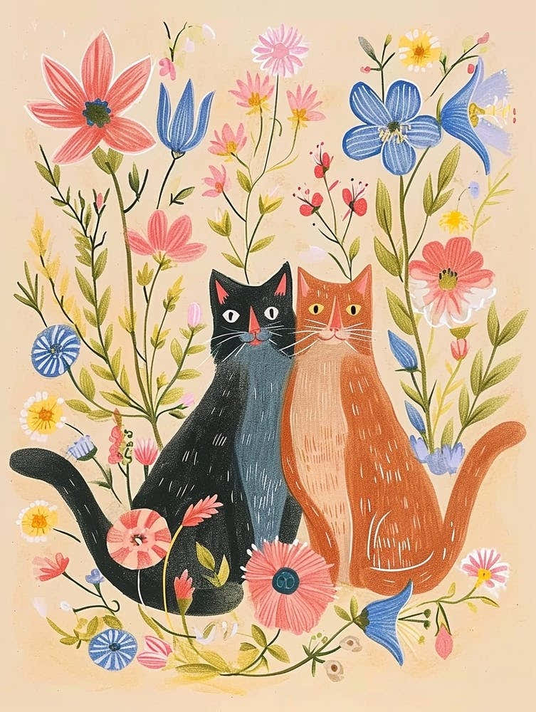 Folksy Floral Animal Drawing Cat 5