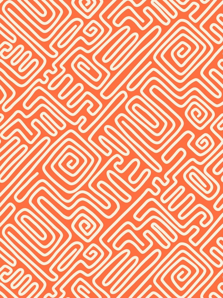 Mod Art Geometric Doodle Maze Grid Cream White Line Art on Scarlet Orange