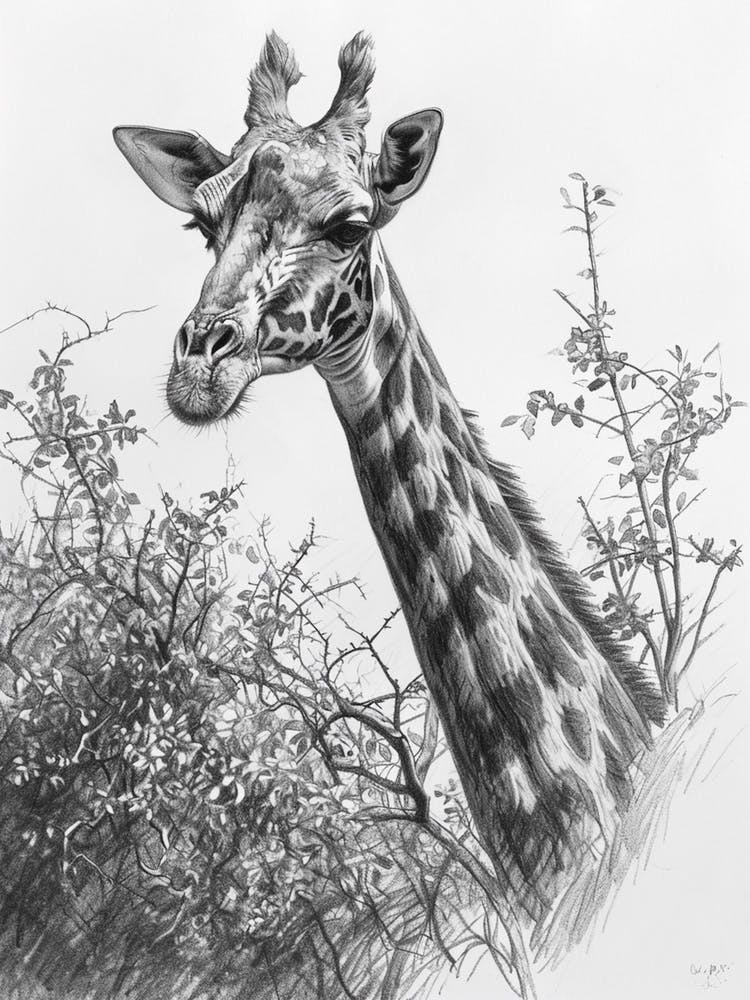 Giraffe With Their Head In The Branches Pencil Drawing 2