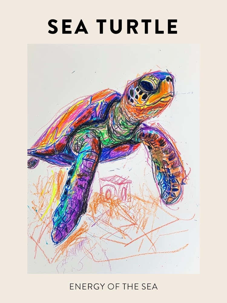 Sea Turtle Rainbow Crayon Scribble White Background Poster