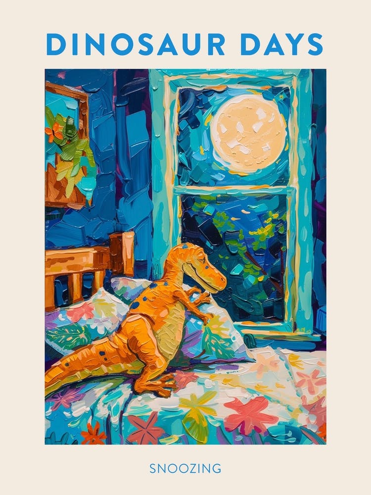 Snoozing Orange Blue Dinosaur Poster