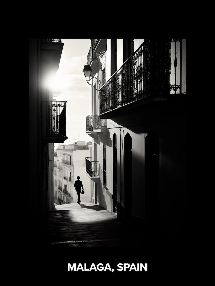 Poster Of Malaga, Spain, Mediterranean Black And White Photography Analogue 2