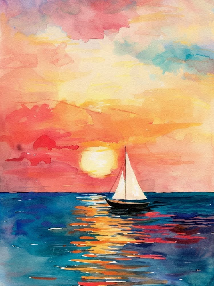 Voilier au Coucher du Soleil Peinture Aquarelle