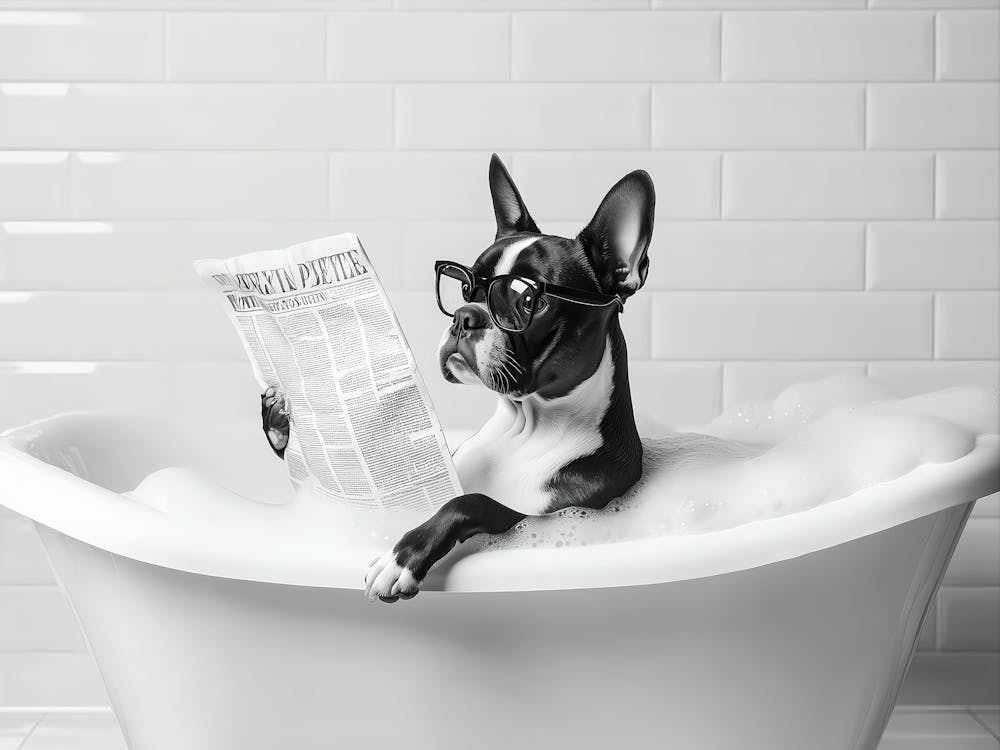 Boston Terrier In Bathtub Wall Art, Dog Reading Newspaper In Bubble Bath Poster, Black And White Print, Funny Wall Art, Bathroom Wall Decor