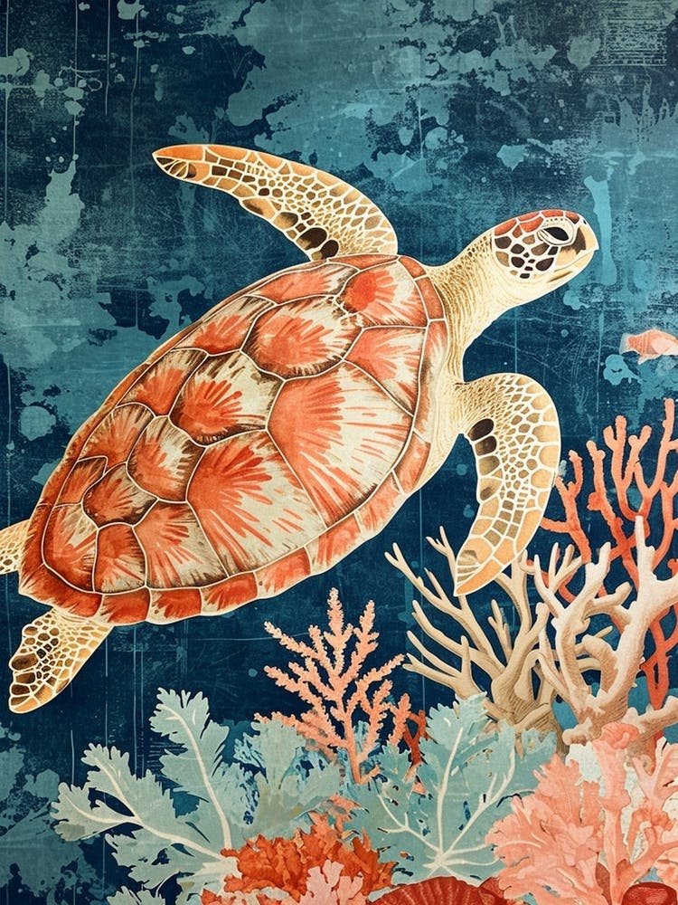 Sea Turtle Coral Textured Collage 2