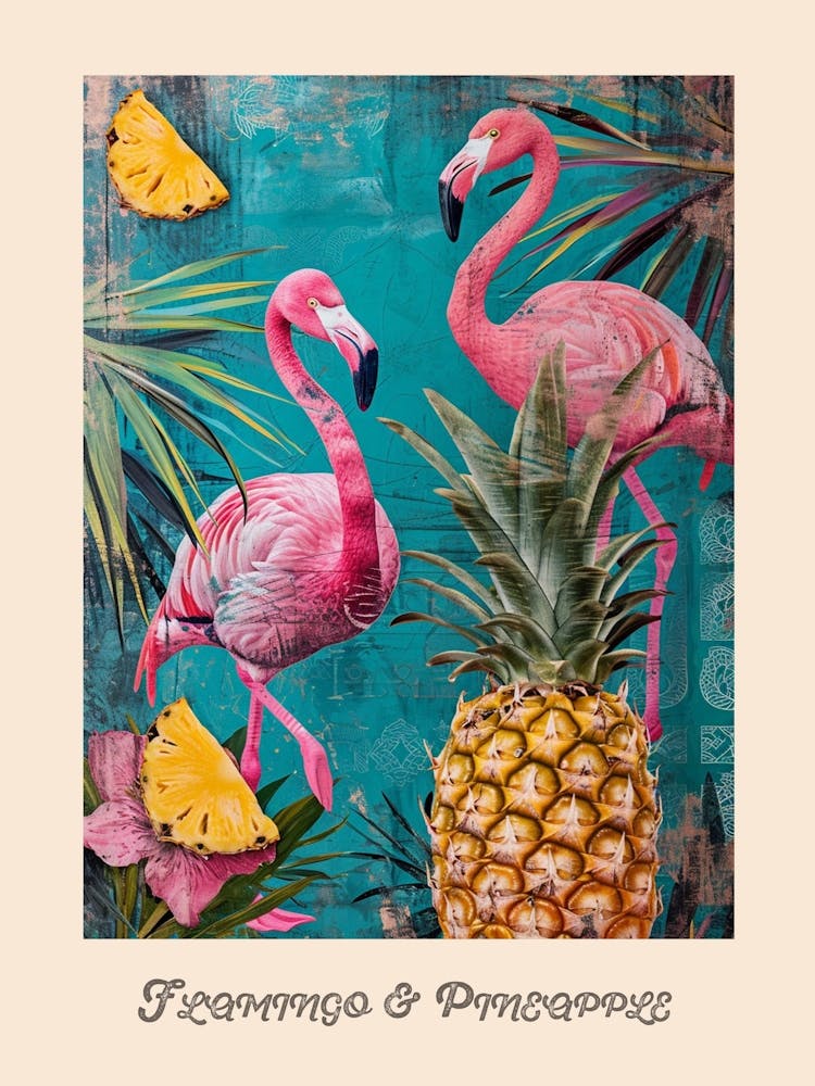 Flamingo & Pineapple Vintage Poster 1