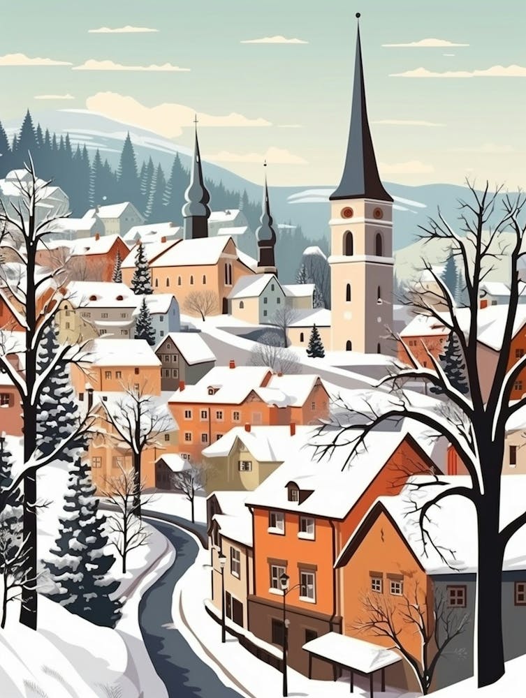 Vintage Winter Travel Illustration Cesky Krumloy Czechia 2