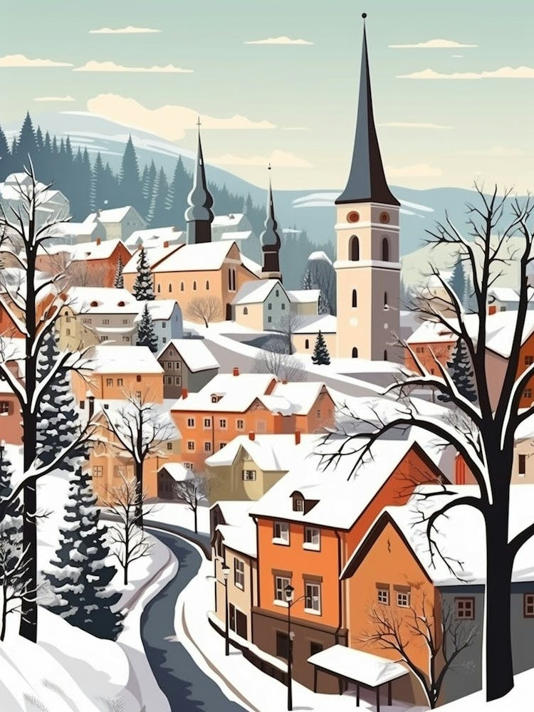 Vintage Winter Travel Illustration Cesky Krumloy Czechia 2