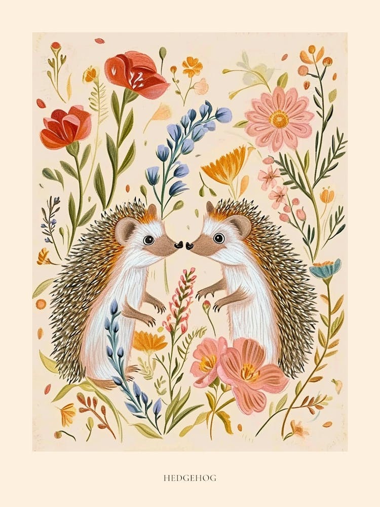 Folksy Floral Animal Drawing Hedgehog 8 Poster