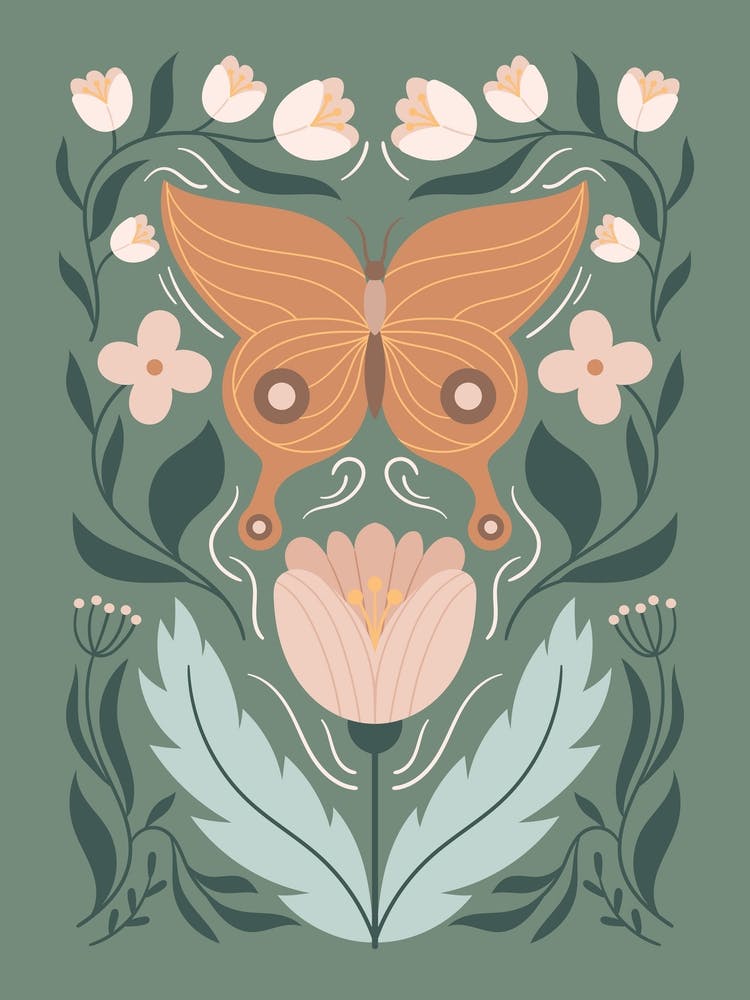 Butterfly And Flowers Scandinavian Folk