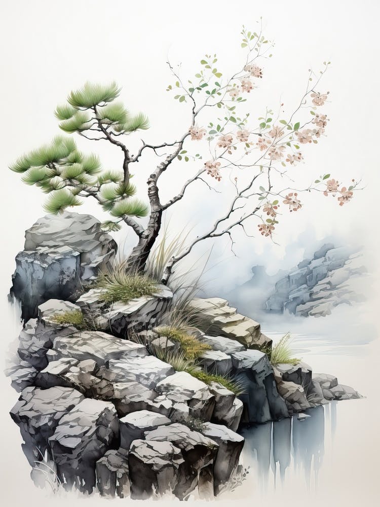Yufuin In Oita,  Japanese Brush Painting, Sumi E, Minimal  3 