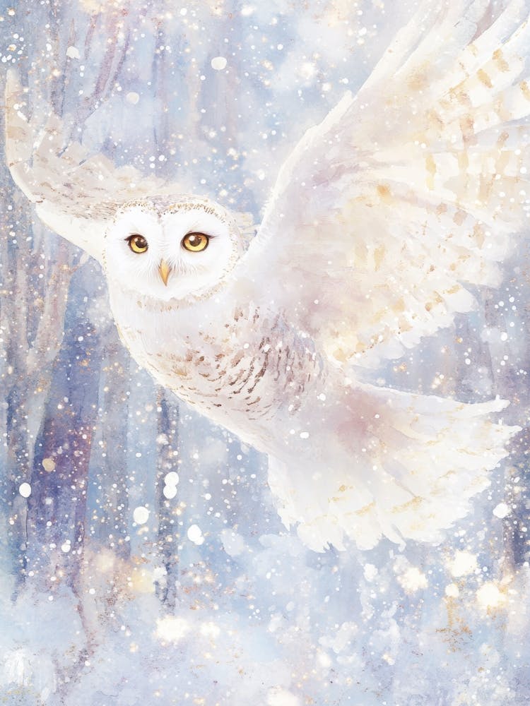 Snowy Flying Owl with Spread Wings. Watercolor
