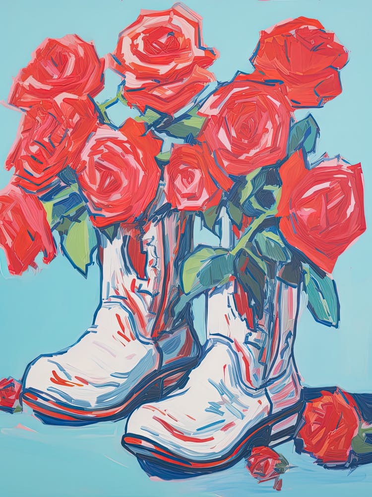 A Painting Of Cowboy Boots With Roses Flowers, Fauvist Style, Still Life 2
