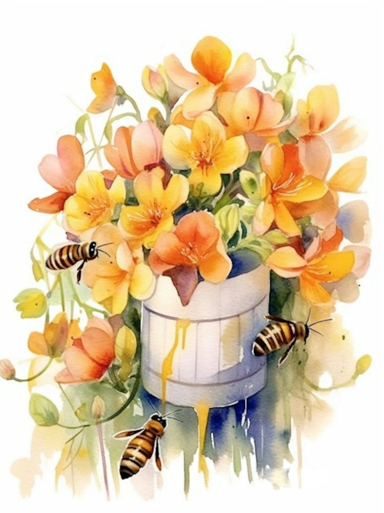 Beehive With Freesia Watercolour Illustration 4