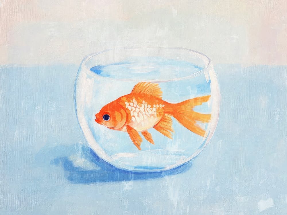 Goldfish in glass bowl painting in Soft pastel for coastal or beachy decor, Whimsical artwork for kids rooms and nusery, Minimalist still life Orange and Blue cute wall art for bathrooms and kitchens